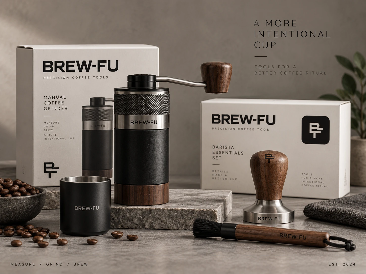 BREW-FU precision coffee grinder and accessories